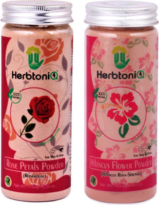 HerbtoniQ 100% Natural Rose Petals Powder (Rosoideae) And Hibiscus Flower Powder (Hibiscus Rosa- Sinensis) For Face Pack And Hair Pack(300 g)
