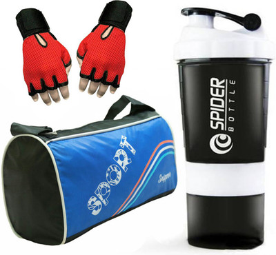Snipper Combo of Sports Bag Blue , Gloves Red And White Spider shaker Gym & Fitness Kit