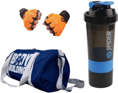 

Snipper Combo of Bodybuilding Blue Bag , Gloves Orange And Spider Shaker Blue Gym & Fitness Kit