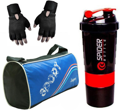 

Snipper Combo of Sport Blue Bag , Black Gloves and Red Spider Shaker Gym & Fitness Kit