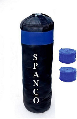 

SPANCO 1.5 Feet Long, PU Material, Black and Blue Color, Unfilled With Hanging Straps and 9 Feet Long Blue Color Hand Wraps Pair Boxing Kit