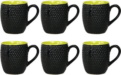 

Caffeine Coffee Stoneware in Black Bubble & Green (Set of 6) Handmade Ceramic Mug(200 ml, Pack of 6)