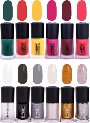 

SMC FASHION BAR Gel Based Trendy Nail Paint Combo Matte Dark Green, Matte Orange, Matte Neon Yellow, Matte Hot Pink, Matte Sangria Red, Matte Lava Pink, Top Coat, Black, Gray, Shimmer White, Glitter Golden, Shimmer Silver(Pack of 12)