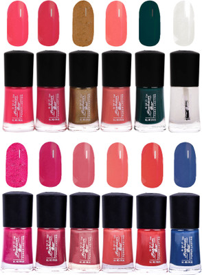 

SMC FASHION BAR Gel Based Color Rich Nail Paint Combo Neon Pink, Carmine Red, Glossy Golden, Shimmer Peach, Dark Green, Top Coat, Red Purple Matelic, Cranberry Pink, Rosewood, Peach, Blood Red, Royal Blue(Pack of 12)