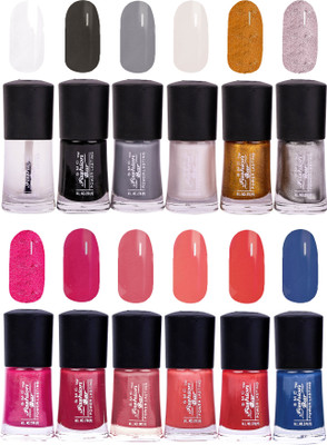 

SMC FASHION BAR Gel Based High Quality Nail Paint Combo Top Coat, Black, Gray, Shimmer White, Glitter Golden, Shimmer Silver, Red Purple Matelic, Cranberry Pink, Rosewood, Peach, Blood Red, Royal Blue(Pack of 12)