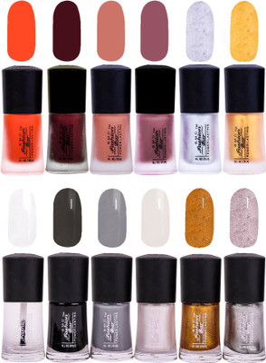 

SMC FASHION BAR Gel Based High Shine Nail Paint Combo Matte Orange, Matte Garnet Red, Matte Coral Peach, Matte Mulberry Brown, Matte Silver, Matte Golden Yellow, Top Coat, Black, Gray, Shimmer White, Glitter Golden, Shimmer Silver(Pack of 12)