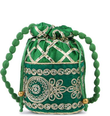 

Gaurapakhi Handicrafts Designer Silk Heavy Rajasthani Resham Potlis Green & Golden Clutch Bag, Standard Potli For Bridal, Casual, Party , Wedding Potli Potli(Green)