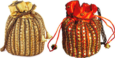 

DsGifts Designer Potli Bag with Beadwork For Women,Silk Fabric Standard Size Potli Set of 2 Potli(Gold, Orange)