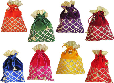 

Muccasacra Festival & Wedding Gifting criss cross Gota Patti Velvet Multicolour Shagun Return Gift (pack of 8) Potli(Multicolor)