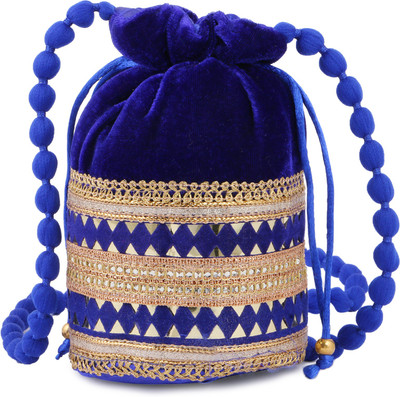 

Gaurapakhi Handicrafts Designer Silk Heavy Rajasthani Blue & Golden Resham Potlis Clutch Bag, Standard Potli For Bridal, Casual, Party , Wedding Potli Potli(Blue)