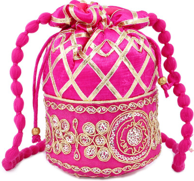 

Gaurapakhi Handicrafts Designer Silk Heavy Rajasthani Resham Potlis Pink & Golden Clutch Bag, Standard Potli For Bridal, Casual, Party , Wedding Potli Potli(Pink)