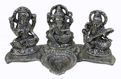 Paheli Craft Metal Lord Laxmi Ganesh Saraswati Idol Statue with Diya Decoration Pooja Showpiece (8X4 inch, Silver) Decorative Showpiece  -  10 cm(Aluminium, Silver)