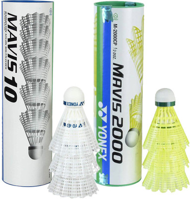 

Yonex Mavis 12 Pack Combo (1 Can Mavis10 White, Pack of 6 + 1 Can Mavis2000, Pack of 6) Nylon Shuttle - Multicolor(Medium, 77, Pack of 2)