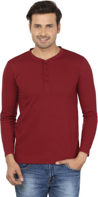 Jaskart Solid Men Henley Neck Maroon T-Shirt