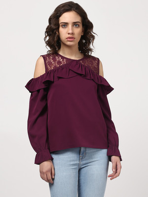 HARPA Casual Cold Shoulder, Regular Sleeve Solid Women Maroon Top