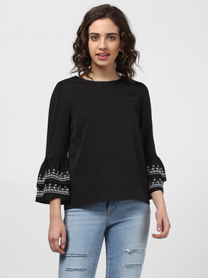 HARPA Casual Layered Sleeve Solid Women Black Top
