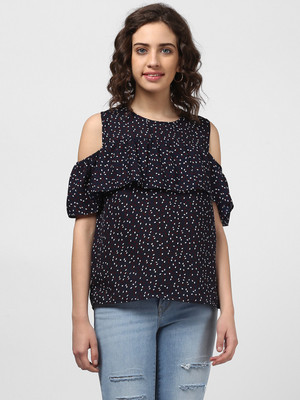 HARPA Casual Cold Shoulder Printed Women Dark Blue Top