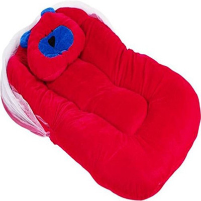 

stockhawkers velvet baby bed with attached mosquito net and double padded mattress XL double padded mattress rectangle(Fabric, Red)