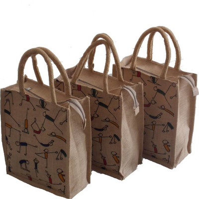 

Zoroo 3 Pack Yoga Print Jute Lunch Bag With Top Zipper For Unisex (12X5X10 Inch) Waterproof Lunch Bag(Beige, 5 L)