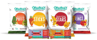 

timios Party Snack & Energy Bar Pack | Healthy Snack for Kids | Natural Energy Food Product | Nutritious and Ready to Eat for Children 2+ Years | Mix Flavours Pack of 16 Combo(Banana & Honey Stars – 2 nos. Tomato & Cheese Rings – 2 nos. Carrot & Cumin Sti