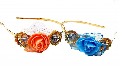 

Proplady Princess Collection Combo Tiara Style Rose Stone Studded Metal Hair Band, Head Band(Blue, Orange, Gold)