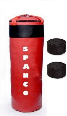 

SPANCO 6.0 Feet Long, PU Material, Red and Black Color, Unfilled With Hanging Straps and 9 Feet Long Black Color Hand Wraps Pair Boxing Kit