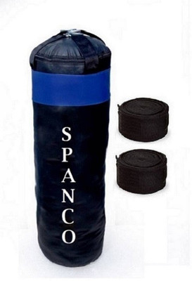 

SPANCO 6.5 Feet Long, PU Material, Black and Blue Color, Unfilled With Hanging Straps and 9 Feet Long Black Color Hand Wraps Pair Boxing Kit