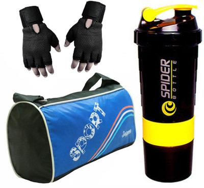 

Snipper Combo of Sport Blue Bag , Gloves Black and Yellow Spider Shaker. Gym & Fitness Kit