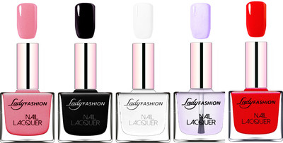 

Lady Fashion Ultra HI-Shine Long Stay Nail Polish Silky Pink,Black,White,Top Coat,Red(Pack of 5)