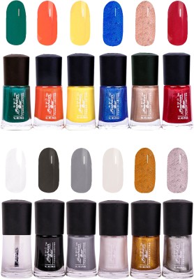 

SMC FASHION BAR Gel Based Exclusive Nail Paint Combo Dark Green, Orange, Neon Yellow, Shimmer Sea Blue, Shimmer Nude Brown, Garnet Red, Top Coat, Black, Gray, Shimmer White, Glitter Golden, Shimmer Silver(Pack of 12)