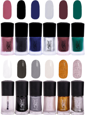 

SMC FASHION BAR Gel Based High Quality Nail Paint Combo Matte Mulberry Brown, Matte Black, Matte Royal Blue, Matte Silver, Matte Sangria Red, Matte Dark Green, Top Coat, Black, Gray, Shimmer White, Glitter Golden, Shimmer Silver(Pack of 12)