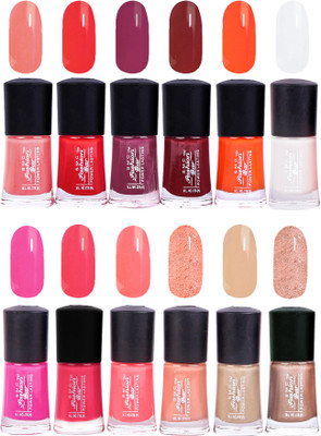 

SMC FASHION BAR Gel Based Trendy Nail Paint Combo Blush Peach, Crimson Red, Wine, Mahogany Red, Orange, White, Rose Pink, Neon Pink, Straberry Pink, Shimmer Soft Peach, Nude Brown, Shimmer Nude Brown(Pack of 12)