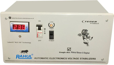 

Rahul Base-3 a3 Digital 3 KVA/12 AMP 140-280 Volt 3 Step Main Line Use Up to 3 KVA Load Auto Matic Digital Voltage Stabilizer Auto Matic Stabilizer(LG Gray)