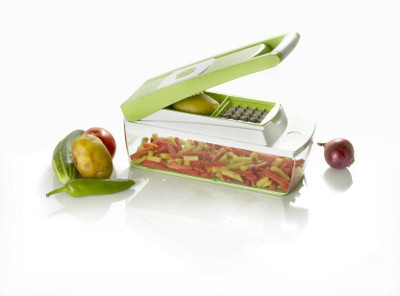 

Trisha Quick Dicer Chopper(Main Unit With Cointainer, 2 Nos. 2i in 1 Dicing Blades, 6 Nos. Slicing & Grating Blades, 1 No 2 in 1 Peeler With Grater, 1 Safety Holder), Multicolor