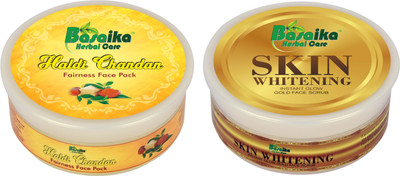 

Basaika Herbal Care Combo Pack of 2 ( Haldi Chandan & Kesar Fairness face Pack, 150gms & Skin Whitening Instant Glow gold face Scrub, 120gms)(Set of 2)