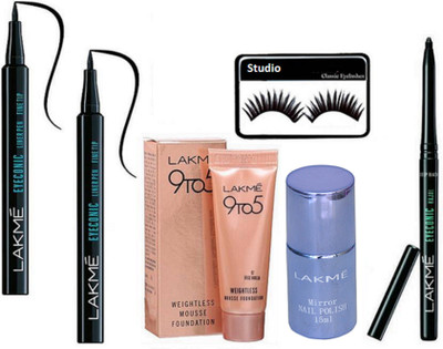 

studio Eyelashes, Weightless Mousse Foundation, eyeconic pen eyeliner set of 2 & kajal with mirror nail polish(Set of 6)