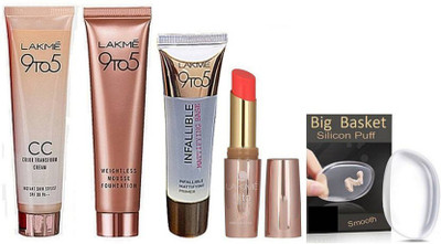 

big basket Silicon Puff & 9 to 5 Weightless Mousse Foundation, C C Cream, Infallible Primer, Orange Lipstick(Set of 4)