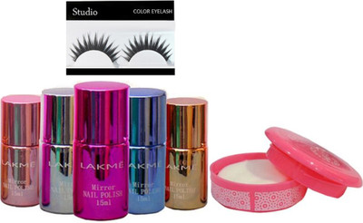 

studio Eyelashes & Lakme Waterproof Mirror Nail Polish (Set Of 5) With Nail Remover(Set of 7)
