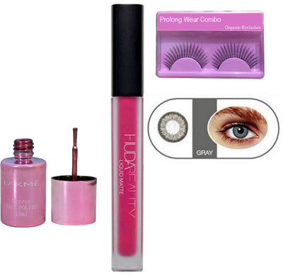 

Pro longwear combo Eyelashes,Huda Beauty Liquid Pink Lipgloss,Mirror Nailpaint ,Contact Lenses Eyes Gray(Set of 4)