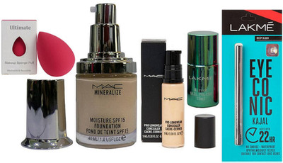 

Ultimate Sponge Puff,Mac mineralize moisture Liquid Foundation & Pro Longwear Concealer & Mirror Green Shade Nail Polish & Lakme Deep Black Eyeconic Kajal (Set of 5)(Set of 5)