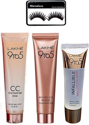 

Marvalous Eyelashes With Lakme 9 To 5 Infallible Primer, Mousse Foundation & C C Cream(Set of 4)