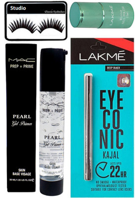 

studio Eyelashes, Mac Pearl Gel Primer, Lakme Deep Black Eyeconic Kajal, Mirror Nail polish(Set of 4)