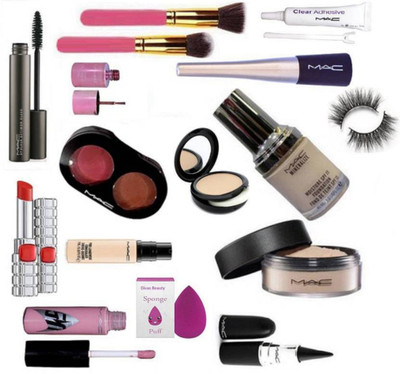 

divas beauty Sponge Puff, Makeup Brush2 With Mac Liquid Eyeliner & Mascara And 2 Shades Blusher & Pro Long Wear Concealer, Star lip Gloss & Mineraliz foundation, Face Loose powder & Stick kajal, Eyelashes & Matte Finish Lipstick &Mirror Nail polish & Lash