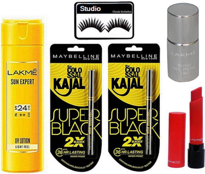 

studio Eyelashes, Sun Expert 24SPF Body Lotion,Mac Liptensity Long Lasting Matte Finish Lipstick Colossal Kajal Set of 2, Mirror Nail polish(Set of 6)
