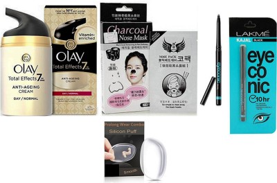 

Pro longwear combo Silicon Puff,Olay Total Effects 7 In Cream,Charcoal Nose Mask,Eyeconin Kajal Pack Of 2(Set of 5)