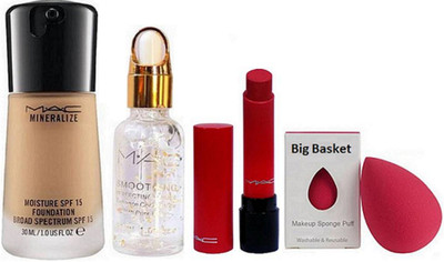 

Big Basket Sponge Puff With Mac Mineralize Foundation,Liptensity Lipstick,Smoothing Perfecting Primer Primer(Set of 4)