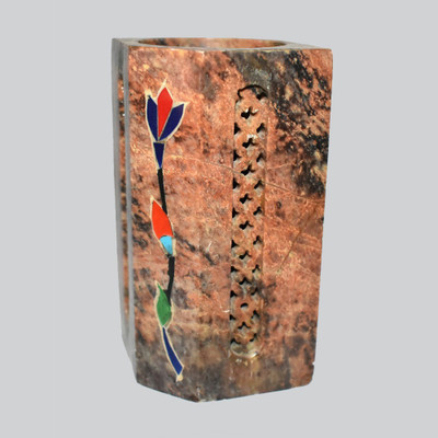 

SPECILA 1 Compartments Soapstone Marble Pen Stand(Natural with Colour Inlay work)