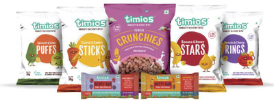 

timios Weekly Snack Box | Healthy Snack for Kids | Natural Energy Food Product | Nutritious and Ready to Eat for Children 4+ Years Combo(Banana & Honey Stars – 2 nos. Tomato & Cheese Rings – 2 nos. Carrot & Cumin Sticks – 2 nos. Spinach & Lime Puffs – 2 n