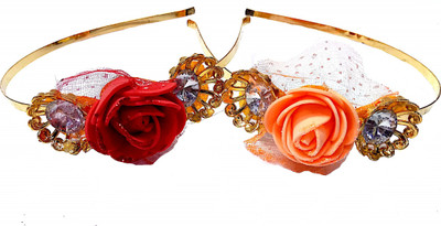 

Proplady Princess Collection Combo Tiara Style Rose Stone Studded Metal Hair Band, Head Band(Red, Orange, Gold)