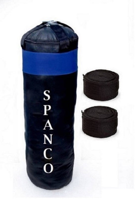 

SPANCO 3.5 Feet Long, PU Material, Black and Blue Color, Unfilled With Hanging Straps and 9 Feet Long Black Color Hand Wraps Pair Boxing Kit
